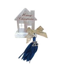 Γούρι Ξύλινο Σπιτάκι σε Κεραμική Βάση με Μπλέ Φούντα