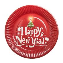 Πιατάκια Χάρτινα Happy New Year Κόκκινα 23εκ.(10τεμ)