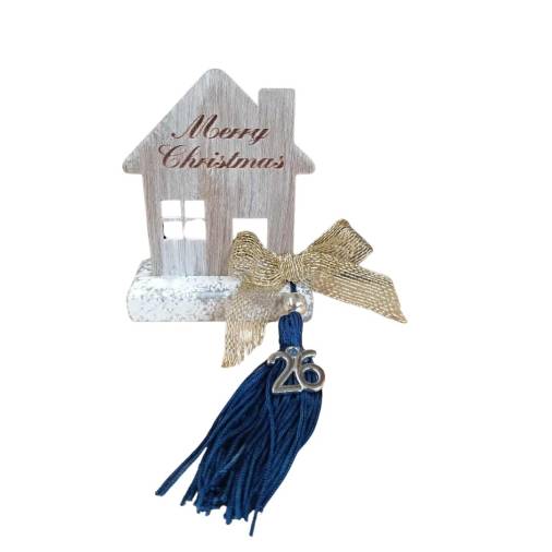 Γούρι Ξύλινο Σπιτάκι σε Κεραμική Βάση με Μπλέ Φούντα