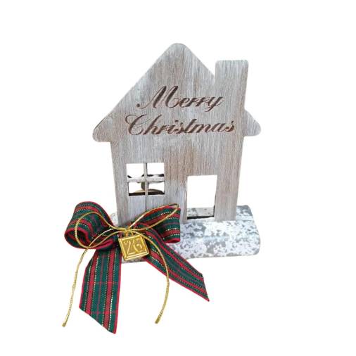 Γούρι Ξύλινο Σπιτάκι σε Κεραμική Βάση με Καρώ Κορδέλα